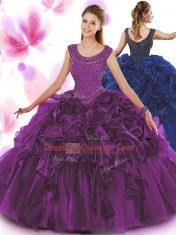 Scoop Sleeveless Organza Floor Length Zipper Sweet 16 Dress in Dark Purple with Beading and Ruffles