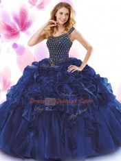 Scoop Sleeveless Organza Floor Length Zipper Sweet 16 Dress in Dark Purple with Beading and Ruffles