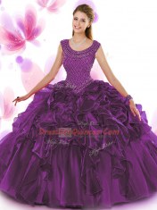 Scoop Sleeveless Organza Floor Length Zipper Sweet 16 Dress in Dark Purple with Beading and Ruffles