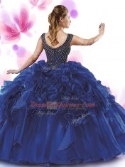 Scoop Sleeveless Organza Floor Length Zipper Sweet 16 Dress in Dark Purple with Beading and Ruffles