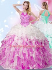 Lovely Halter Top Organza Sleeveless Floor Length 15th Birthday Dress and Beading and Ruffles and Pick Ups