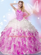 Lovely Halter Top Organza Sleeveless Floor Length 15th Birthday Dress and Beading and Ruffles and Pick Ups