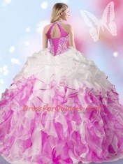 Lovely Halter Top Organza Sleeveless Floor Length 15th Birthday Dress and Beading and Ruffles and Pick Ups