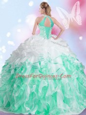 Lovely Halter Top Organza Sleeveless Floor Length 15th Birthday Dress and Beading and Ruffles and Pick Ups