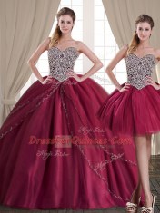 Three Piece Burgundy Sleeveless Beading Floor Length Quinceanera Gown
