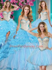 Simple Four Piece Baby Blue Sweetheart Neckline Beading and Ruffles Quinceanera Dress Sleeveless Lace Up