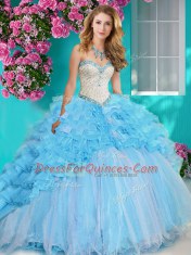 Simple Four Piece Baby Blue Sweetheart Neckline Beading and Ruffles Quinceanera Dress Sleeveless Lace Up