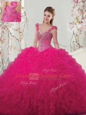 Hot Pink Sweet 16 Dress Military Ball and Sweet 16 and Quinceanera and For with Beading and Ruffles and Hand Made Flower Straps Sleeveless Lace Up