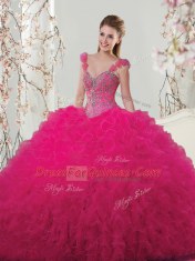 Hot Pink Sweet 16 Dress Military Ball and Sweet 16 and Quinceanera and For with Beading and Ruffles and Hand Made Flower Straps Sleeveless Lace Up