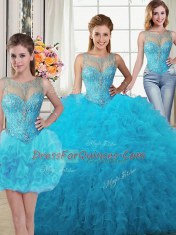 Pretty Three Piece Scoop Baby Blue Sleeveless Beading and Ruffles Floor Length Sweet 16 Dresses