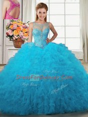 Pretty Three Piece Scoop Baby Blue Sleeveless Beading and Ruffles Floor Length Sweet 16 Dresses