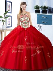 Halter Top Pick Ups Red Sleeveless Tulle Lace Up Ball Gown Prom Dress for Military Ball and Sweet 16 and Quinceanera