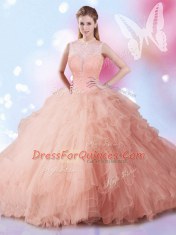 Sleeveless Tulle Floor Length Lace Up Quinceanera Gowns in Peach with Beading and Ruffles