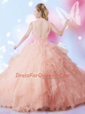 Sleeveless Tulle Floor Length Lace Up Quinceanera Gowns in Peach with Beading and Ruffles