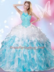 Classical Halter Top Sleeveless Lace Up Floor Length Beading and Ruffles and Pick Ups Quinceanera Gown