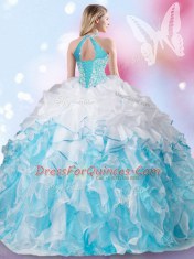 Classical Halter Top Sleeveless Lace Up Floor Length Beading and Ruffles and Pick Ups Quinceanera Gown