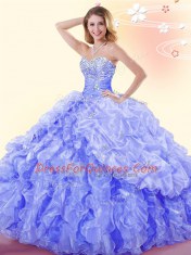 Fancy Sleeveless Organza Floor Length Lace Up 15 Quinceanera Dress in Blue with Beading and Ruffles and Pick Ups