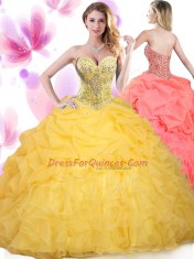 Gold Sleeveless Beading and Ruffled Layers Floor Length Quinceanera Dress