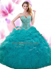 Attractive Teal Lace Up Sweetheart Beading and Ruffles and Pick Ups Sweet 16 Dress Organza Sleeveless