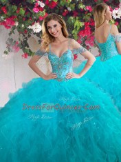 Exceptional Off the Shoulder Teal Ball Gowns Beading and Ruffles Sweet 16 Dresses Lace Up Tulle Sleeveless Floor Length