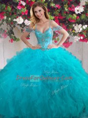 Exceptional Off the Shoulder Teal Ball Gowns Beading and Ruffles Sweet 16 Dresses Lace Up Tulle Sleeveless Floor Length