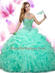 Organza Sleeveless Floor Length Quince Ball Gowns and Beading and Ruffles and Pick Ups