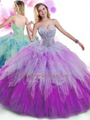 Multi-color Tulle Lace Up Sweetheart Sleeveless Floor Length Sweet 16 Dress Beading and Ruffles