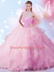 Clearance Beading and Ruffles and Sequins Sweet 16 Dress Baby Pink Zipper Sleeveless Floor Length