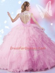 Clearance Beading and Ruffles and Sequins Sweet 16 Dress Baby Pink Zipper Sleeveless Floor Length