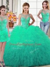 Romantic Three Piece Scoop Sleeveless Floor Length Beading and Ruffles Lace Up Sweet 16 Quinceanera Dress with Turquoise