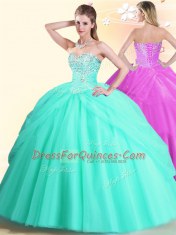 Luxury Apple Green Ball Gowns Tulle Sweetheart Sleeveless Beading Floor Length Lace Up Vestidos de Quinceanera