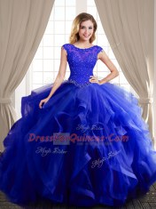 Modest Scoop Cap Sleeves Tulle With Brush Train Lace Up 15 Quinceanera Dress in Royal Blue with Beading and Appliques and Ruffles