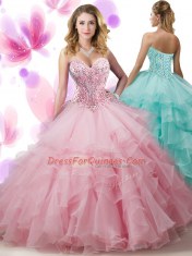 Fantastic Sleeveless Organza Floor Length Lace Up Sweet 16 Quinceanera Dress in Pink with Beading and Ruffled Layers