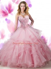 Fantastic Sleeveless Organza Floor Length Lace Up Sweet 16 Quinceanera Dress in Pink with Beading and Ruffled Layers