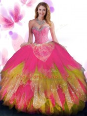Multi-color Ball Gowns Sweetheart Sleeveless Tulle Floor Length Lace Up Beading and Ruffled Layers 15th Birthday Dress