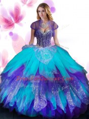 Multi-color Ball Gowns Sweetheart Sleeveless Tulle Floor Length Lace Up Beading and Ruffled Layers 15th Birthday Dress