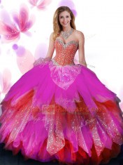 Multi-color Ball Gowns Sweetheart Sleeveless Tulle Floor Length Lace Up Beading and Ruffled Layers 15th Birthday Dress