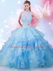 High-neck Sleeveless Tulle 15 Quinceanera Dress Beading and Ruffles Lace Up
