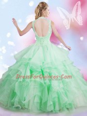 High-neck Sleeveless Tulle 15 Quinceanera Dress Beading and Ruffles Lace Up