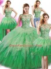 Four Piece Green Tulle Lace Up Scoop Sleeveless Floor Length Quinceanera Gown Beading and Ruffles