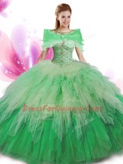 Four Piece Green Tulle Lace Up Scoop Sleeveless Floor Length Quinceanera Gown Beading and Ruffles