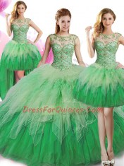 Four Piece Green Tulle Lace Up Scoop Sleeveless Floor Length Quinceanera Gown Beading and Ruffles