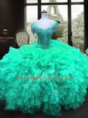 Ball Gowns Sweet 16 Dresses Turquoise Sweetheart Organza Cap Sleeves Floor Length Lace Up