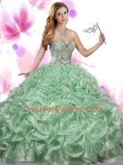 Glorious Sleeveless Floor Length Beading and Ruffles Lace Up Ball Gown Prom Dress with Green