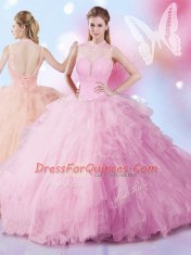 Nice Floor Length Rose Pink 15 Quinceanera Dress Sleeveless Lace Up