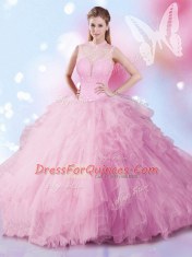 Nice Floor Length Rose Pink 15 Quinceanera Dress Sleeveless Lace Up