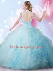 Floor Length Ball Gowns Sleeveless Baby Blue 15th Birthday Dress Lace Up