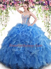 Super Mermaid Aqua Blue Organza Lace Up Sweetheart Sleeveless Floor Length Sweet 16 Quinceanera Dress Beading and Ruffles