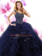 Floor Length Navy Blue Vestidos de Quinceanera Scoop Sleeveless Zipper