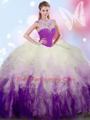 High-neck Sleeveless Tulle Quince Ball Gowns Beading and Ruffles Zipper